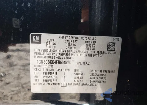 2015 Chevrolet Tahoe Lt z USA, uszkodzony, nr VIN 1GNSCBKC4FR661514